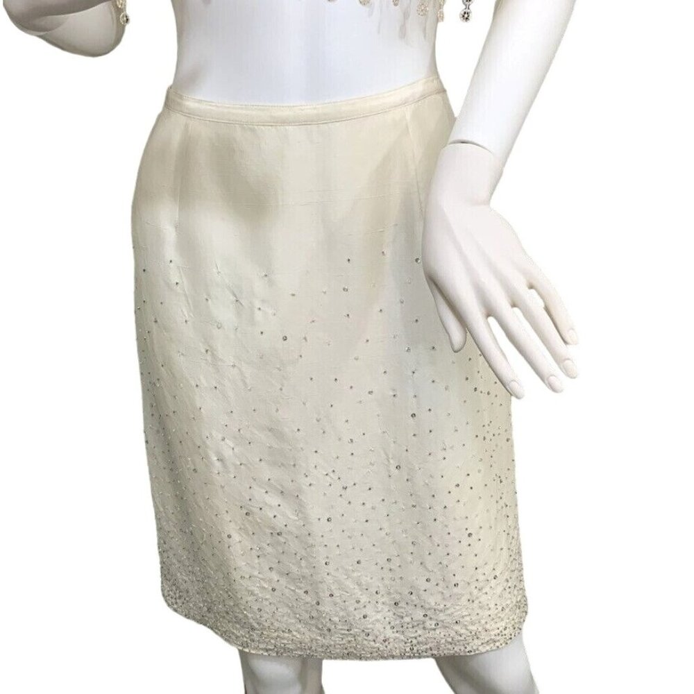 Vintage Lamberto Losani Silk Beaded Skirt Ivory M Above Knee Lined Slit Classic